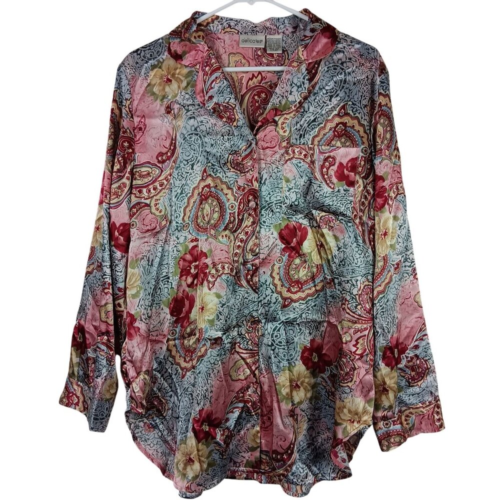Delicates Vintage Satin Paisley Floral Pajama Top Women's Medium Coquette Retro